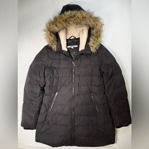 DKNY Faux-Fur Trim Hooded Long Black Puffer Jacket Women’s Size L